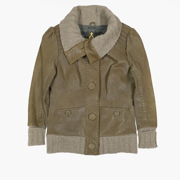 MACKAGE Tan Leather and Wool Ribbing Jacket Size M - Picture 1 of 10